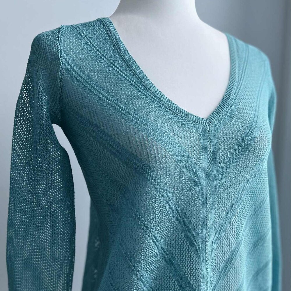Massimo Dutti Teal 🇮🇹 Italian Linen Open-Knit Chevron V-Neck Sweater – US XS